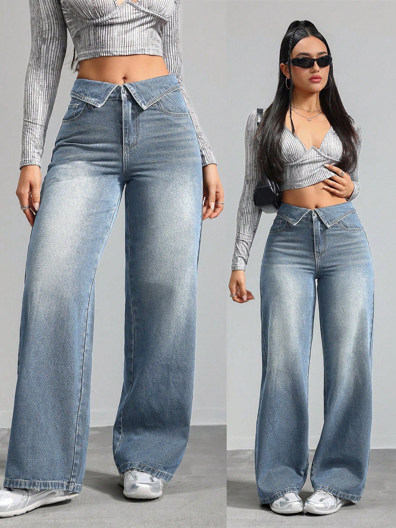 Fold-Over Waist Light Blue Wide-Leg Denim Jeans for Women