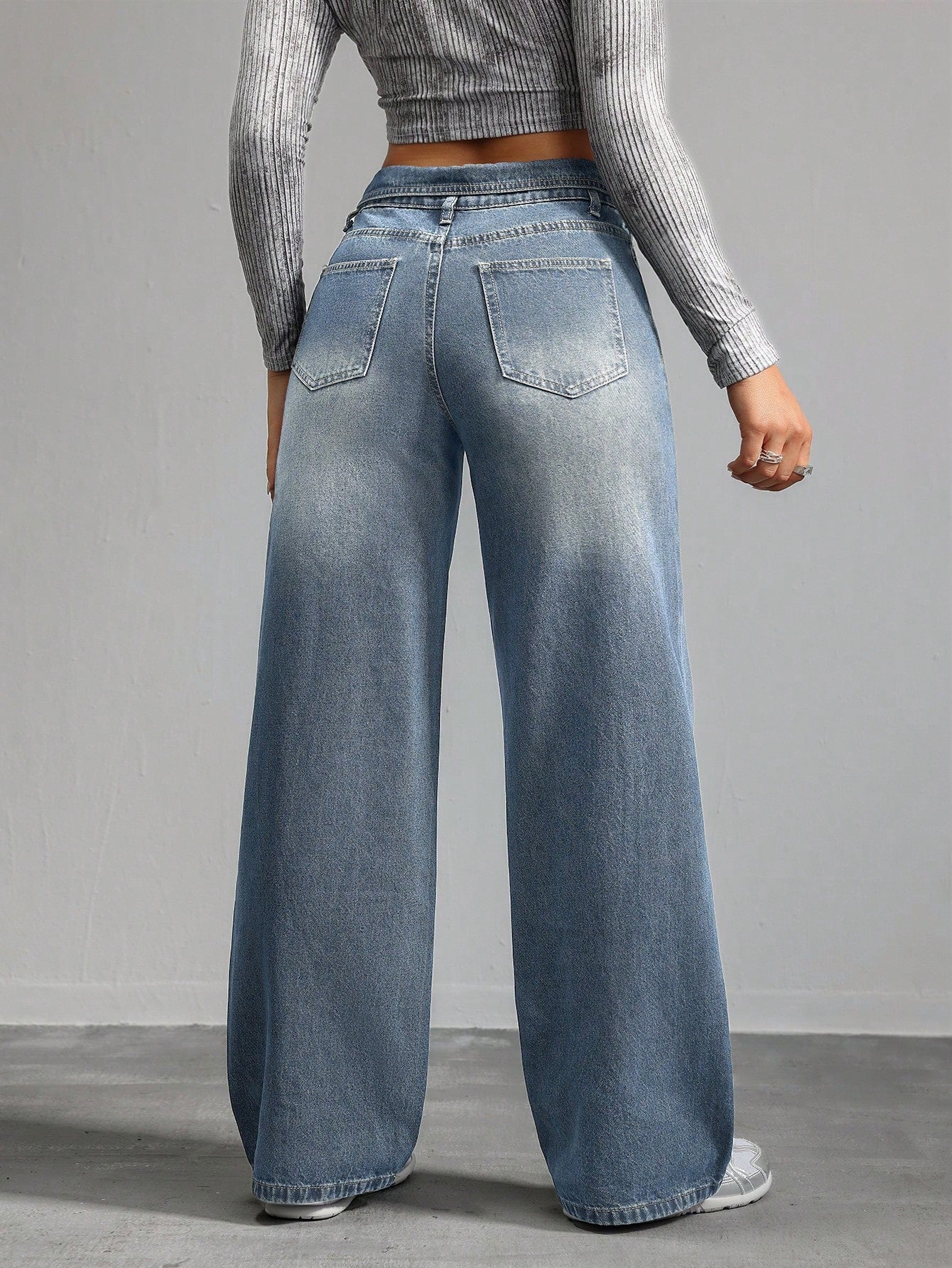 Fold-Over Waist Light Blue Wide-Leg Denim Jeans for Women