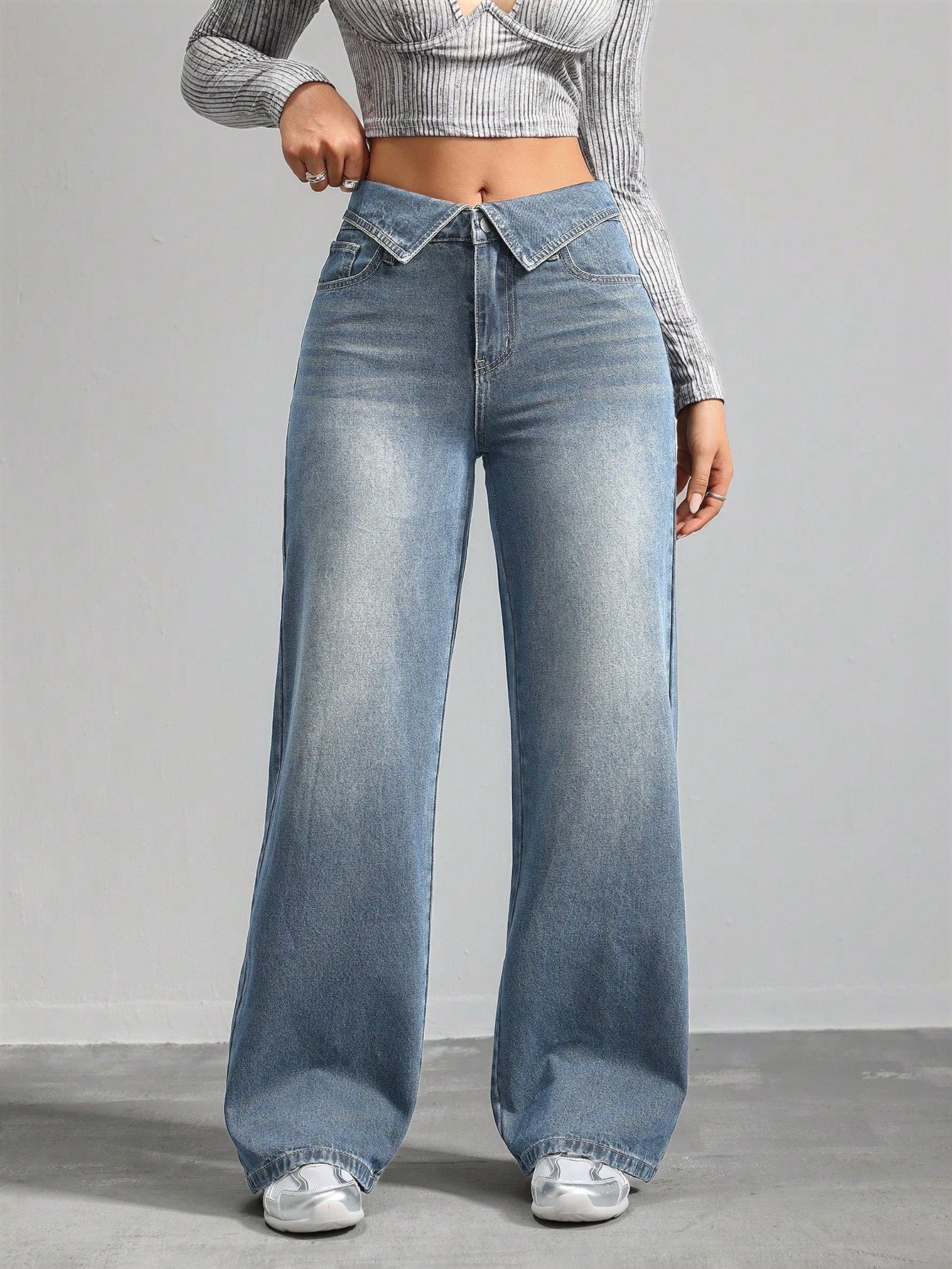 Fold-Over Waist Light Blue Wide-Leg Denim Jeans for Women