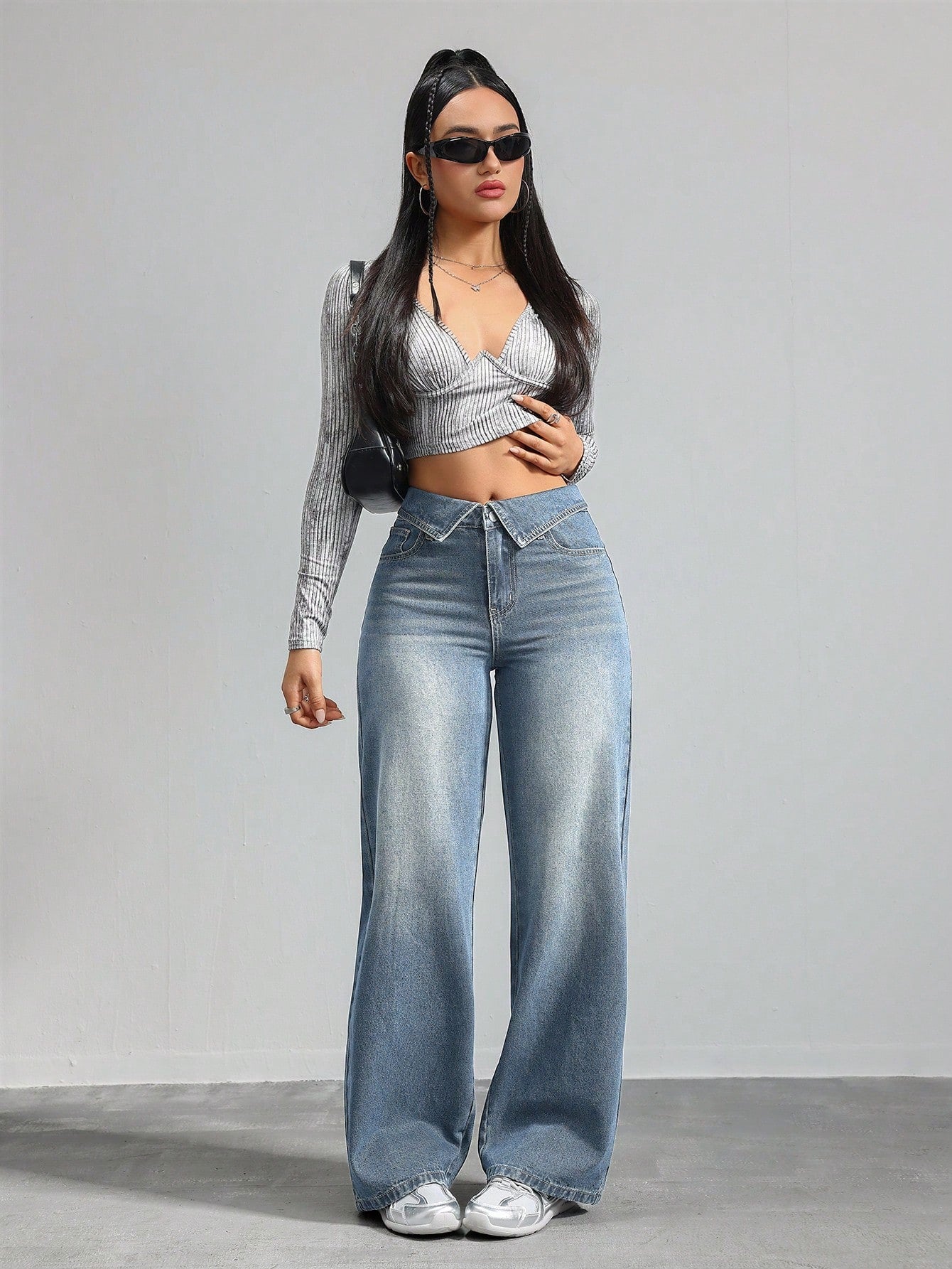 Fold-Over Waist Light Blue Wide-Leg Denim Jeans for Women