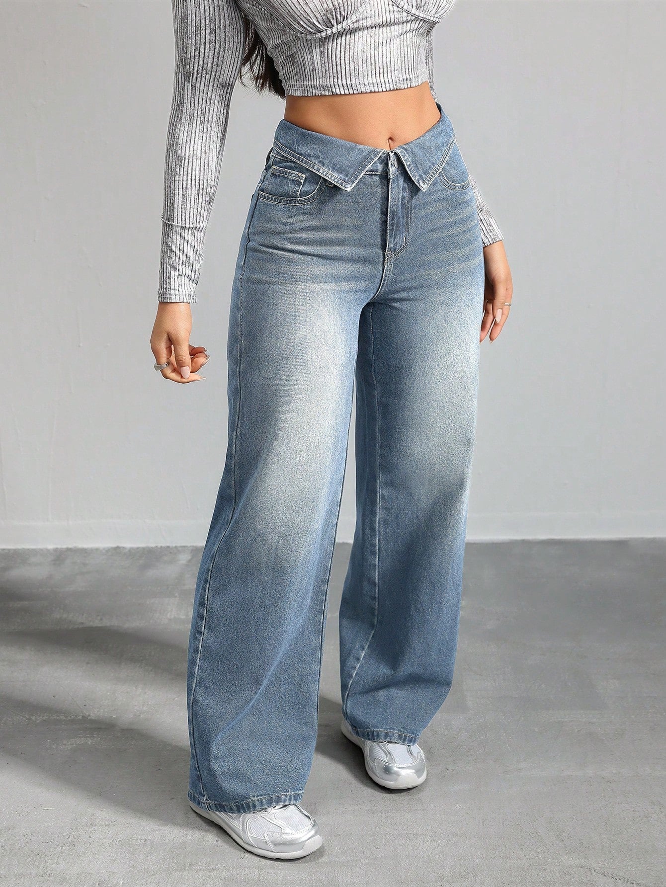 Fold-Over Waist Light Blue Wide-Leg Denim Jeans for Women