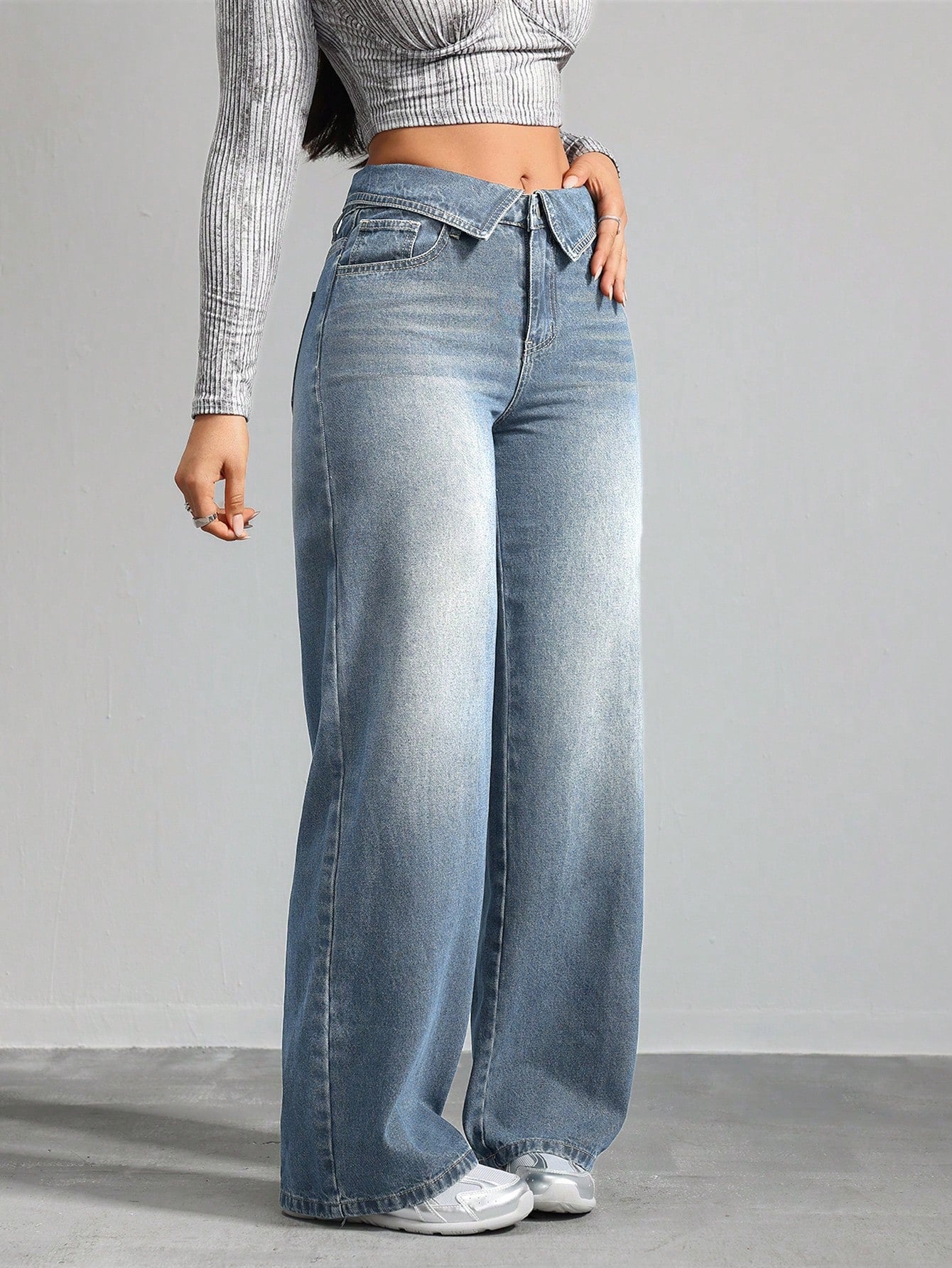 Fold-Over Waist Light Blue Wide-Leg Denim Jeans for Women