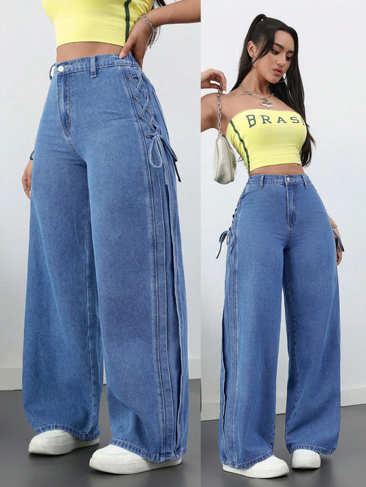 High-Waist Blue Wide-Leg Jeans with Side Tie Bow Detailing for Women