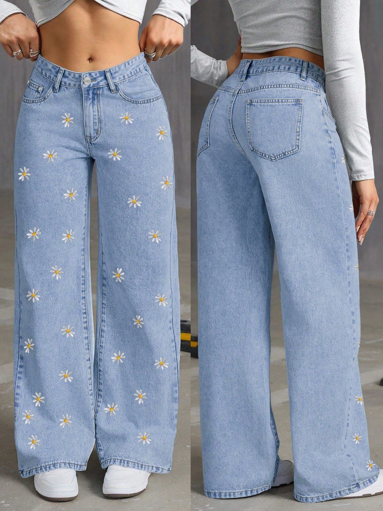 High-Waist Light Blue Daisy Embroidered Wide-Leg Jeans for Women