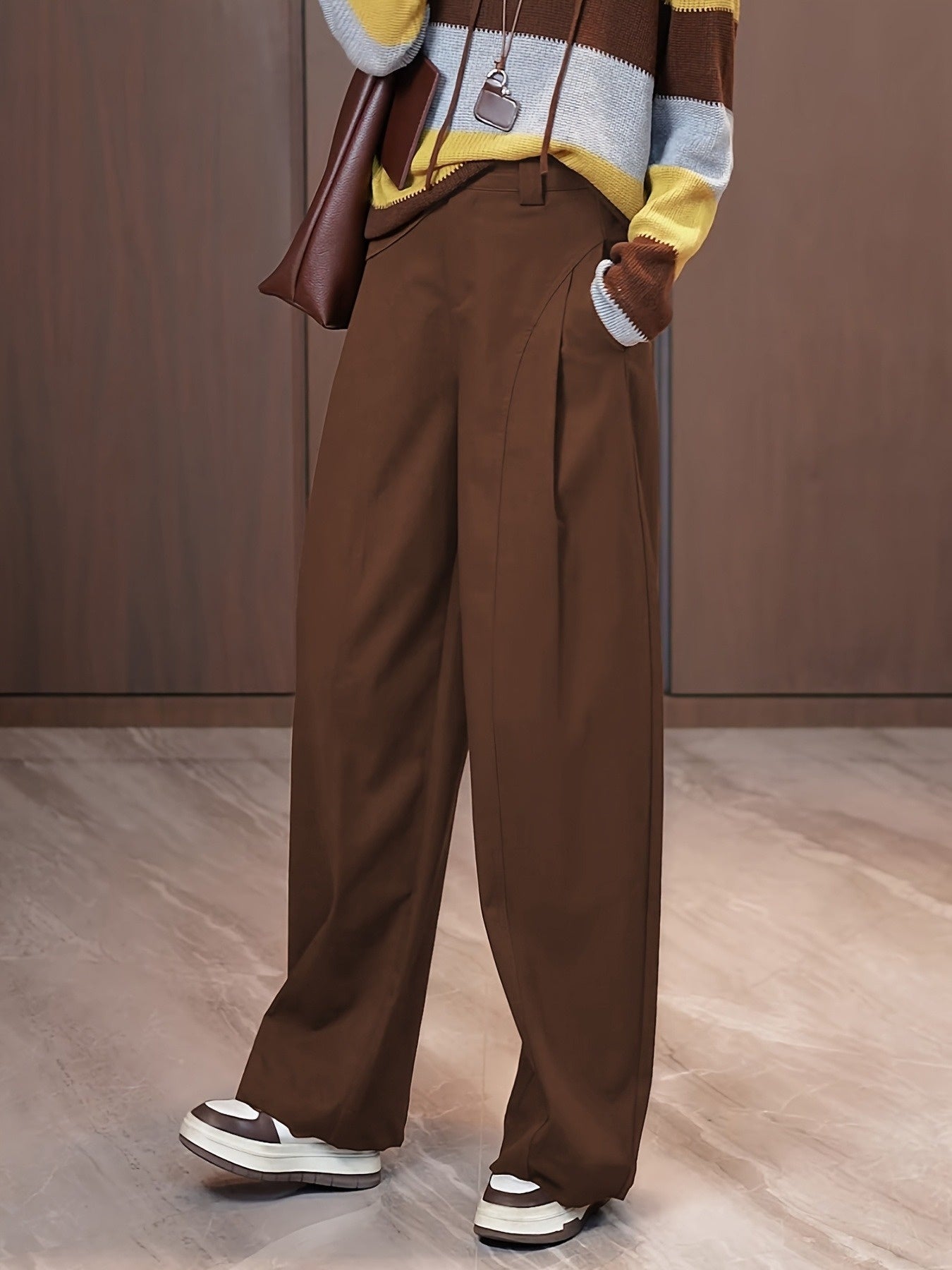 High-Waist Brown Wide-Leg Trousers for Women