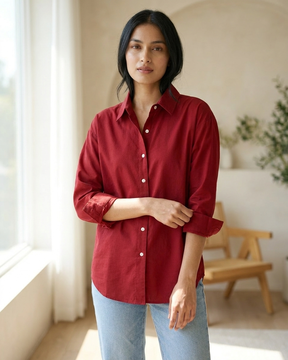 Wine Red Essential Long Sleeve Oversized Shirt