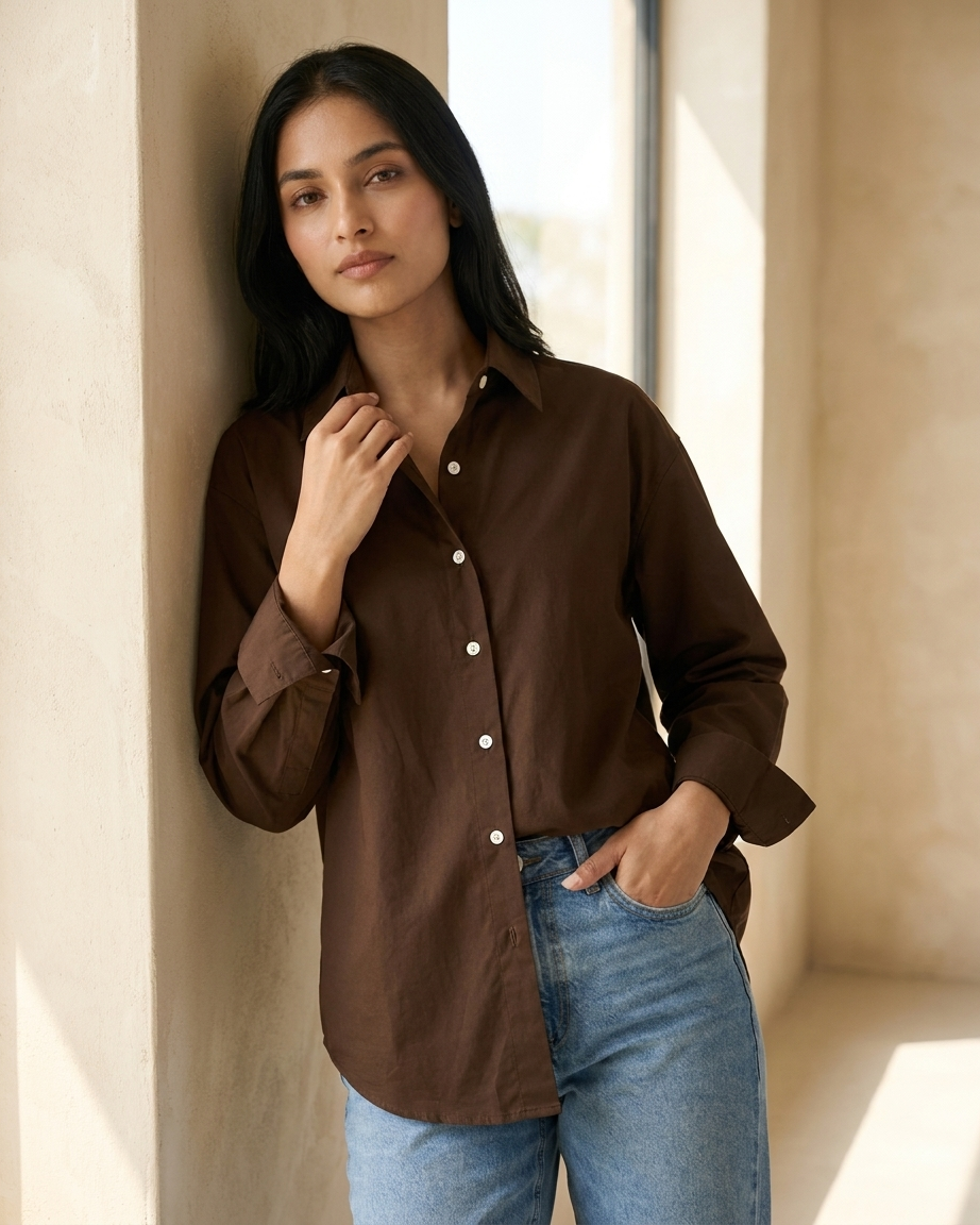 Chocolate Brown Essential Long Sleeve Oversized Shirt