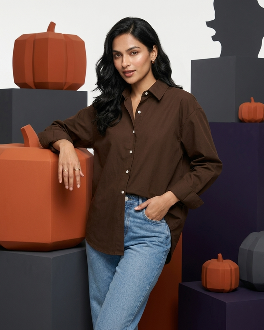 Chocolate Brown Essential Long Sleeve Oversized Shirt