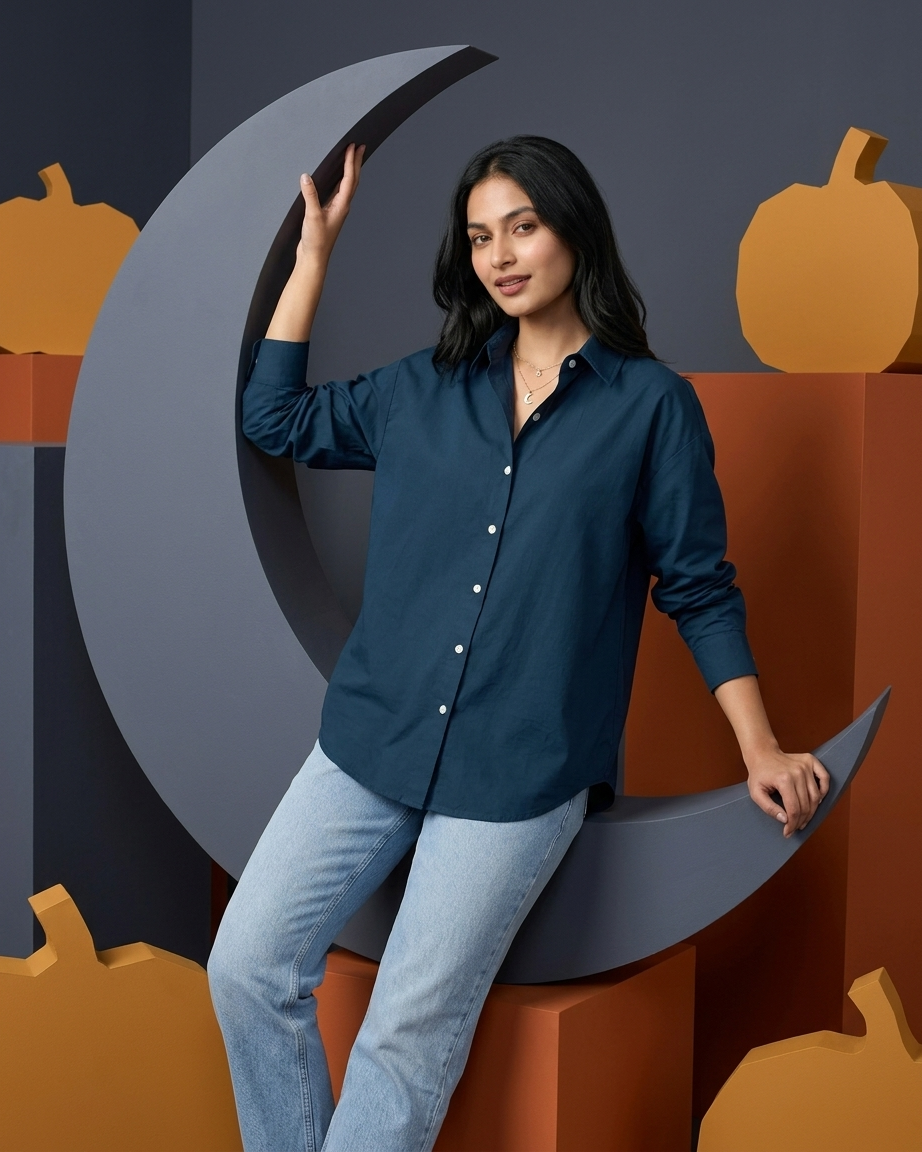 Navy Blue Essential Long Sleeve Oversized Shirt